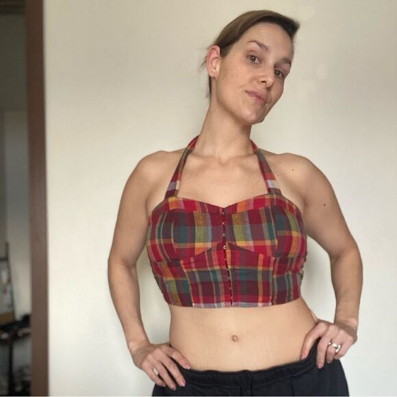 American Eagle Top Plaid Halter Crop Large Festival Stretch Corset - Picture 1 of 9